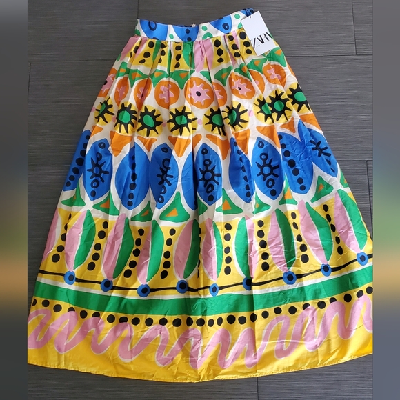 Zara PRINTED MIDI 2023 Collection High Waist full circle cotton poplin skirt - Picture 6 of 8